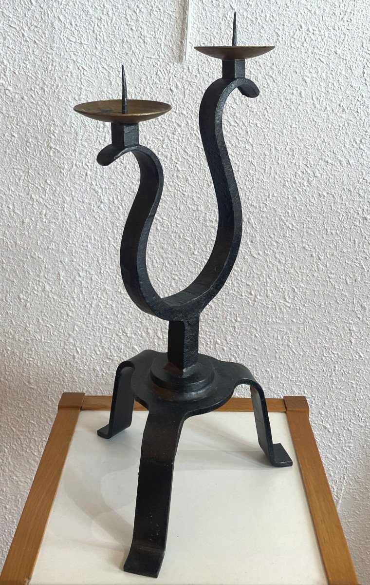 Bougeoir Fer Forgé Vers 1950, Deux Bras De Lumière Dlg Atelier De Marolles-photo-4