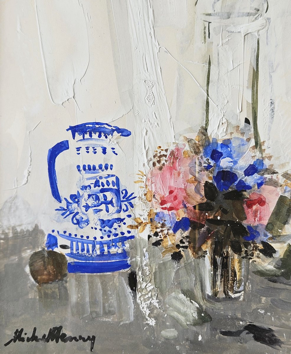 Michel Henry (1928-2016) Nature Morte Aux Pichets Et Fleurs Huile Sur Papier Signé-photo-1