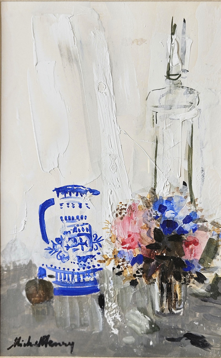Michel Henry (1928-2016) Nature Morte Aux Pichets Et Fleurs Huile Sur Papier Signé