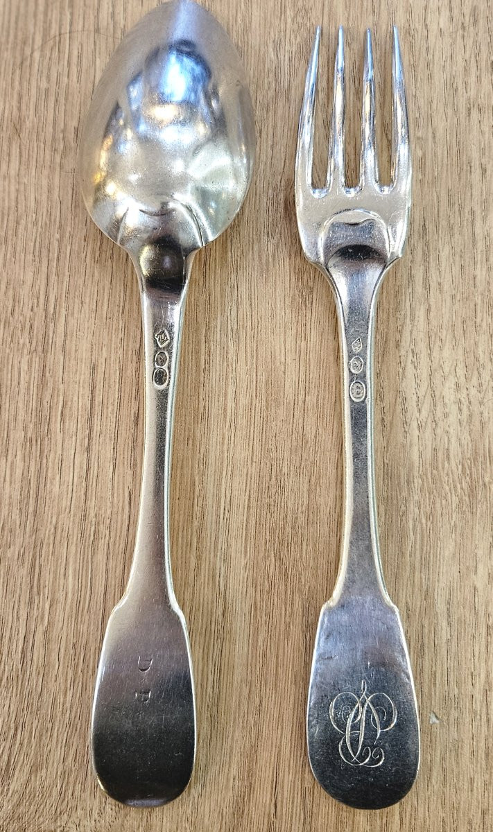 Couvert en argent massif uni plat ou vieux Paris 1er coq (1798-1809)-photo-2