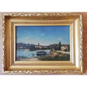 The Seine At Argenteuil Oil On Wood French XIXth