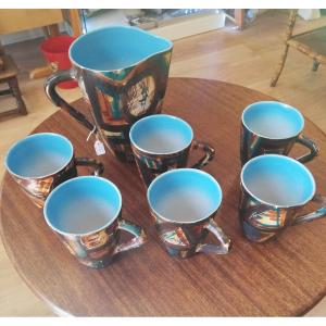 Guiseppe Mazzotti Albisola 6 Large Cups And A Ceramic Pitcher Circa 1960