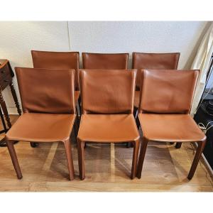 6 Chaises En Cuir Marron d'Après Mario Bellini  Cab 412 