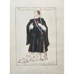 Ecole Allemande Du XVIIème Aquarelle Gouachée Sur Vélin Dame Vénérable De Milan 