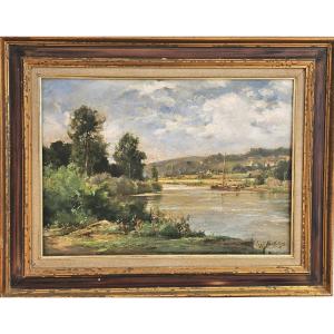 Eugène BERTHELON (1830-1914) L'oise à Auvers sur Oise huile sur toile signée