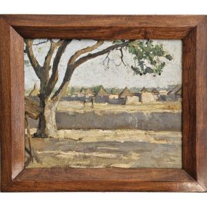 Raymond TELLIER (1898-1985) Vue du village de Koumantou au Mali, 1934 Huile sur carton