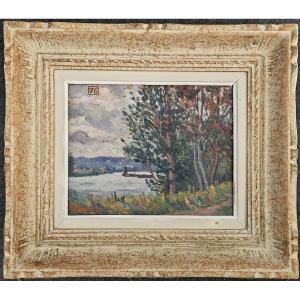 Pierre Agnès (1898-1964) Remorqueur sur la Seine au Pecq Signé et daté 1920 huile sur panneau