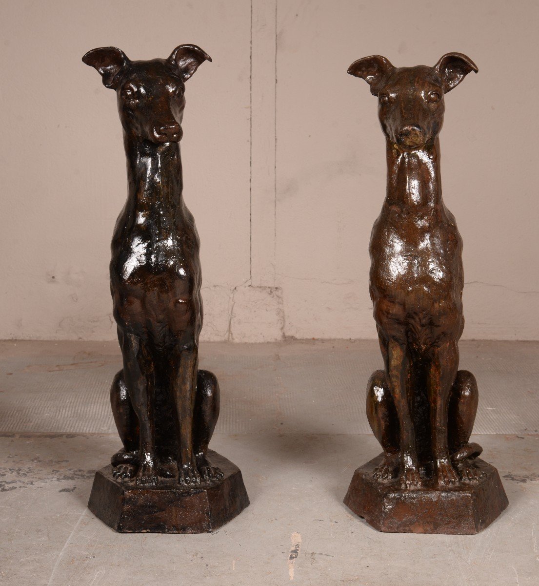 Pair Of Greyhounds In Cast Iron Lacquered Black