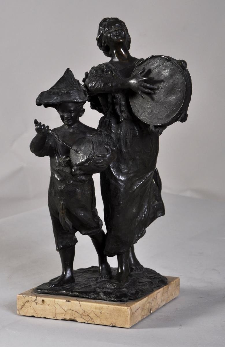 Les musiciens de rue", Sculpture En Bronze à patine brune 