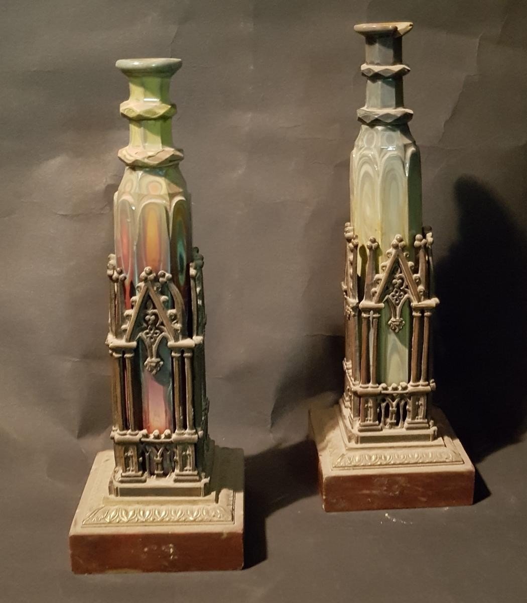 Pair Of Lithyaline Or Hyalite Bottles Mounted In Bronze