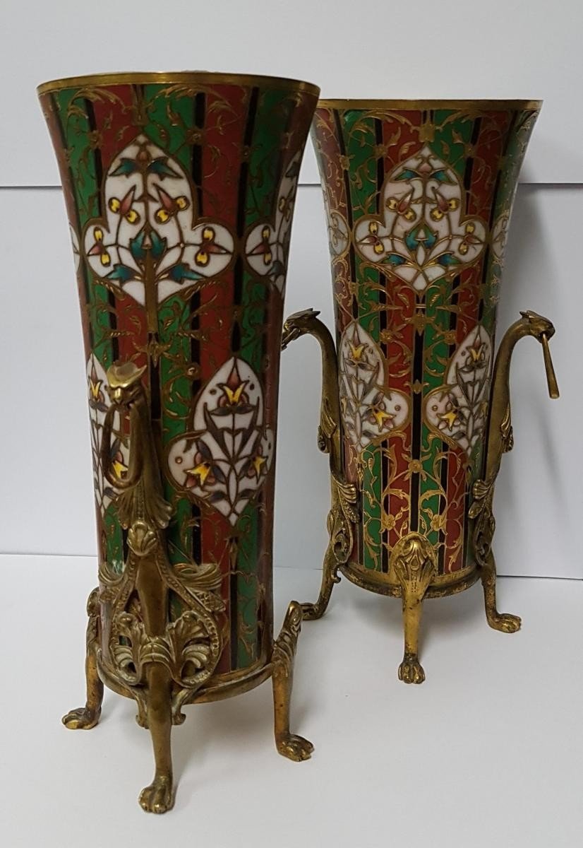 Pair Of "cornet" Vases Signed F.barbedienne-photo-2