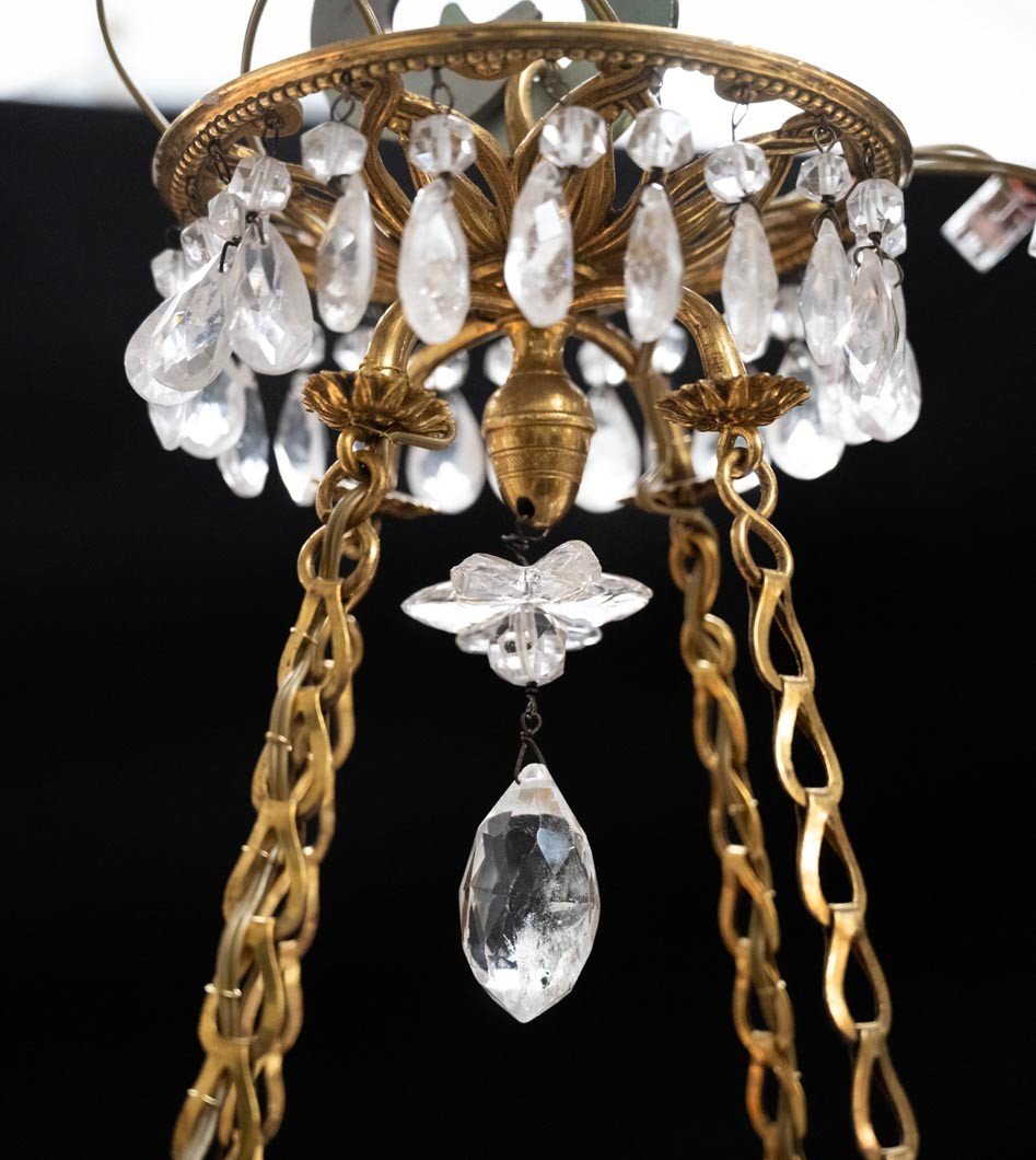 Lustre En Cristal De Roche, Verre Bleu Et Bronze Doré, Suède, Vers 1830.-photo-2