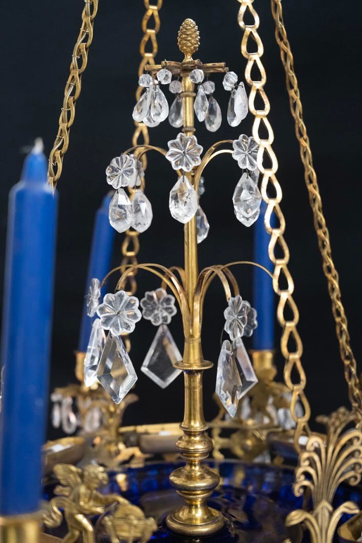 Lustre En Cristal De Roche, Verre Bleu Et Bronze Doré, Suède, Vers 1830.-photo-3
