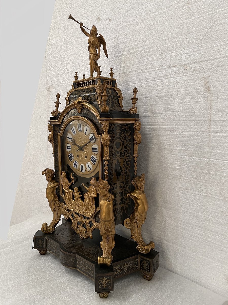Boulle Marquetry Cartel Clock With Tortoiseshell And Gilt Bronze, Angel With Trumpet-photo-8