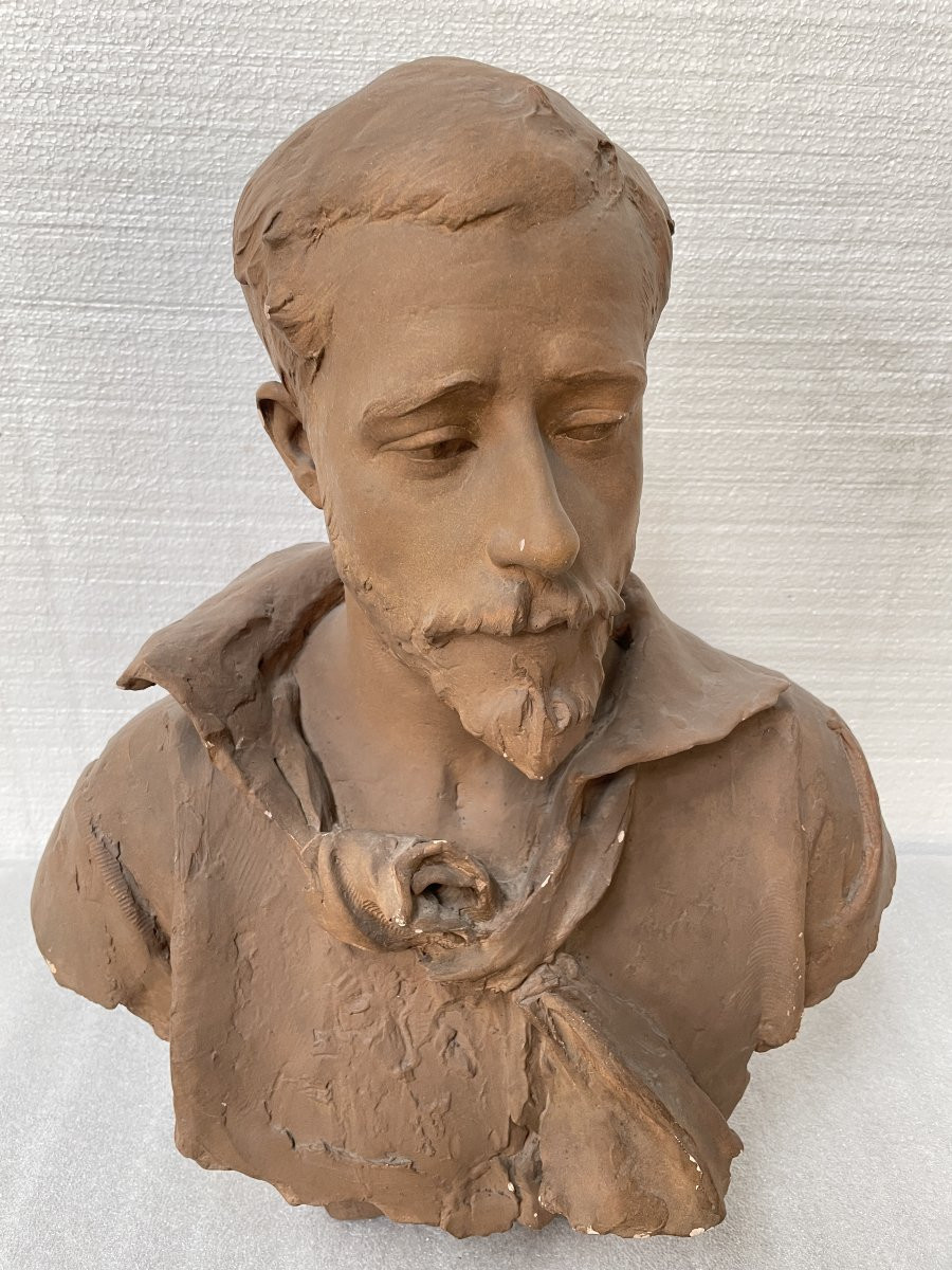 Buste d’homme barbu en plâtre patiné terre cuite, signé Henri Cordier-photo-2