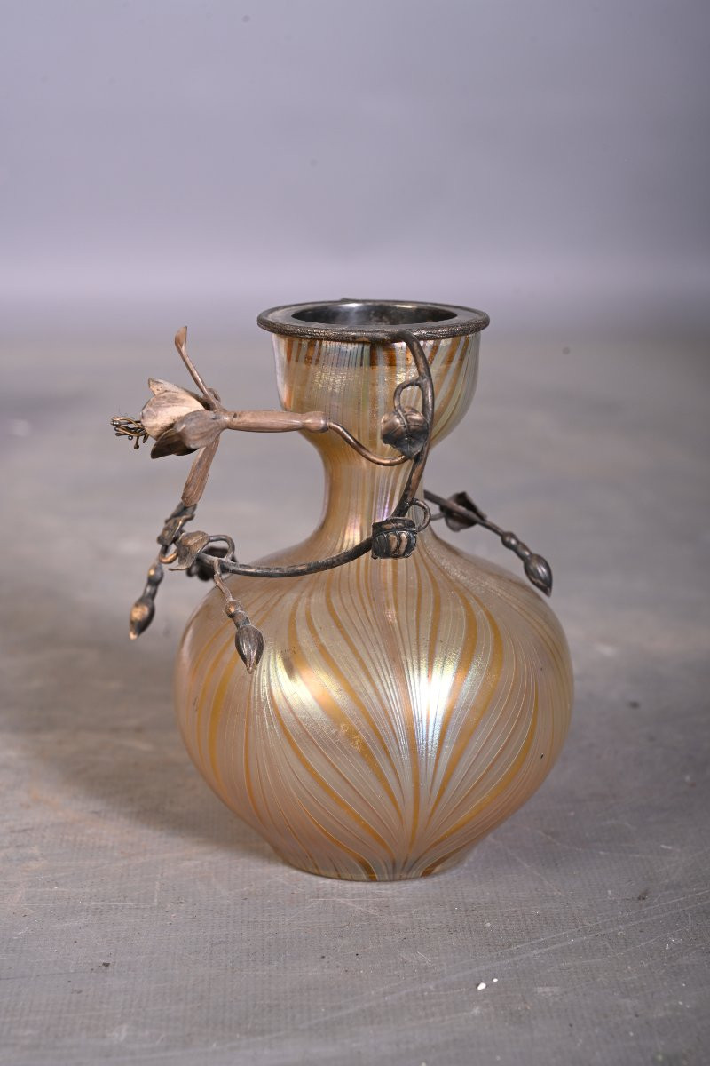 Iridescent Glass Vase With A Silver-plated Metal Floral Mount, Art Nouveau – Circa 1900-photo-2