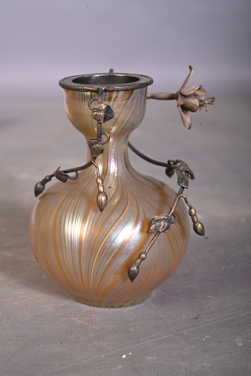 Iridescent Glass Vase With A Silver-plated Metal Floral Mount, Art Nouveau – Circa 1900-photo-4
