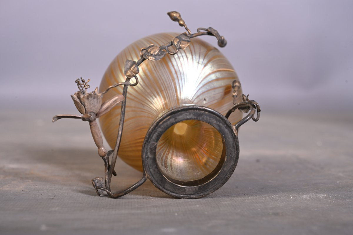 Iridescent Glass Vase With A Silver-plated Metal Floral Mount, Art Nouveau – Circa 1900-photo-7