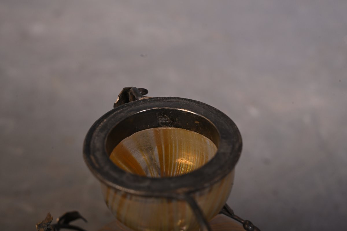 Iridescent Glass Vase With A Silver-plated Metal Floral Mount, Art Nouveau – Circa 1900-photo-8