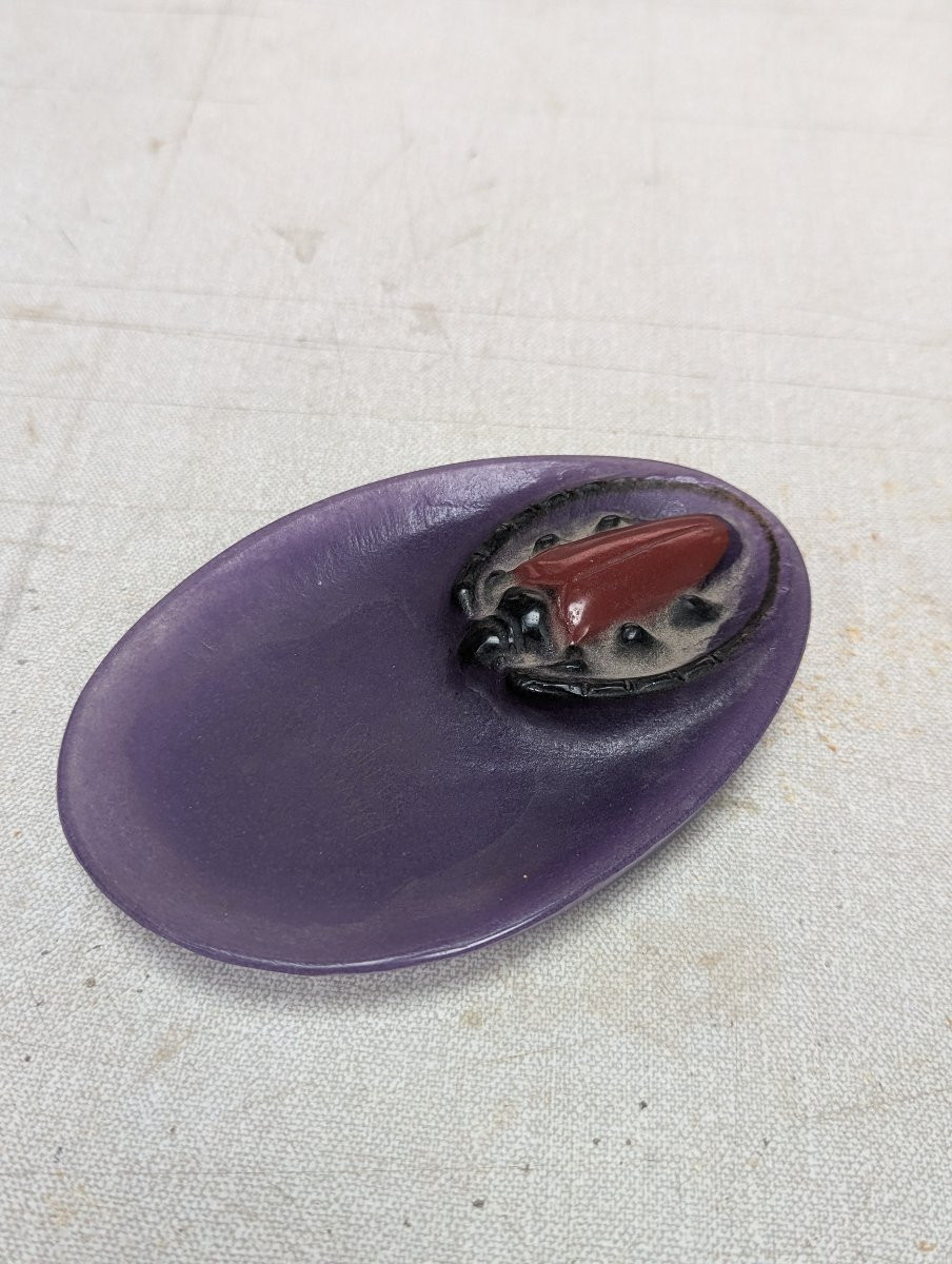 Vide-poche ovale en pâte de verre à décor de scarabée, signature apocryphe-photo-2