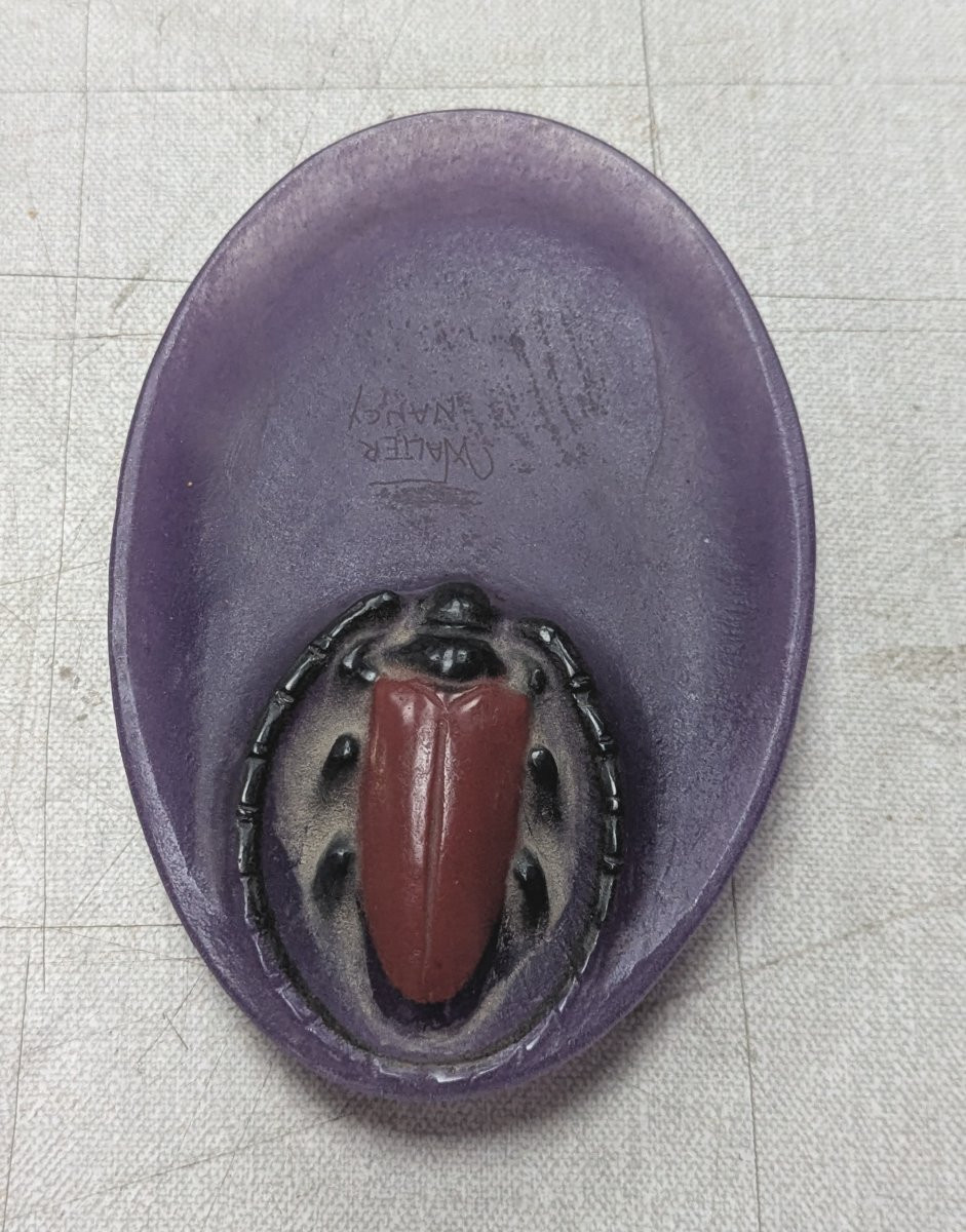 Vide-poche ovale en pâte de verre à décor de scarabée, signature apocryphe-photo-3