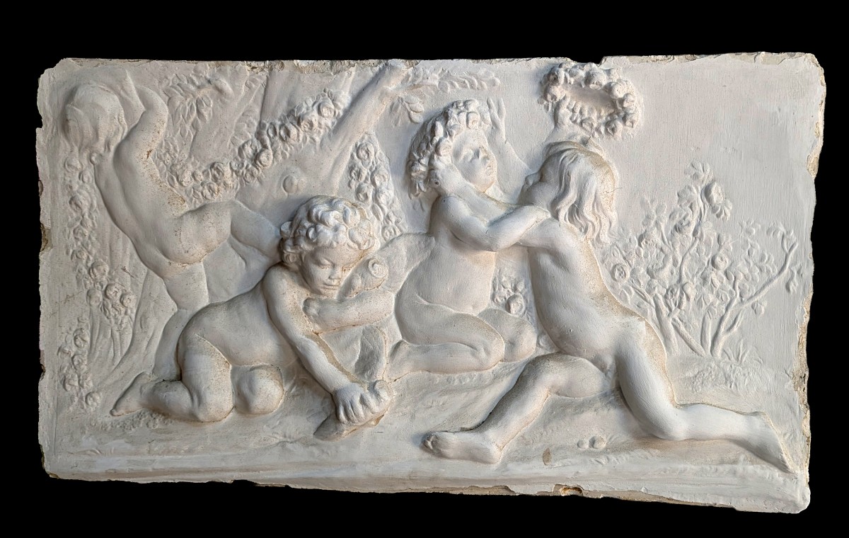 Plaster Bas-relief, A Lively Scene Of Putti In A Bucolic Setting, 18th Century