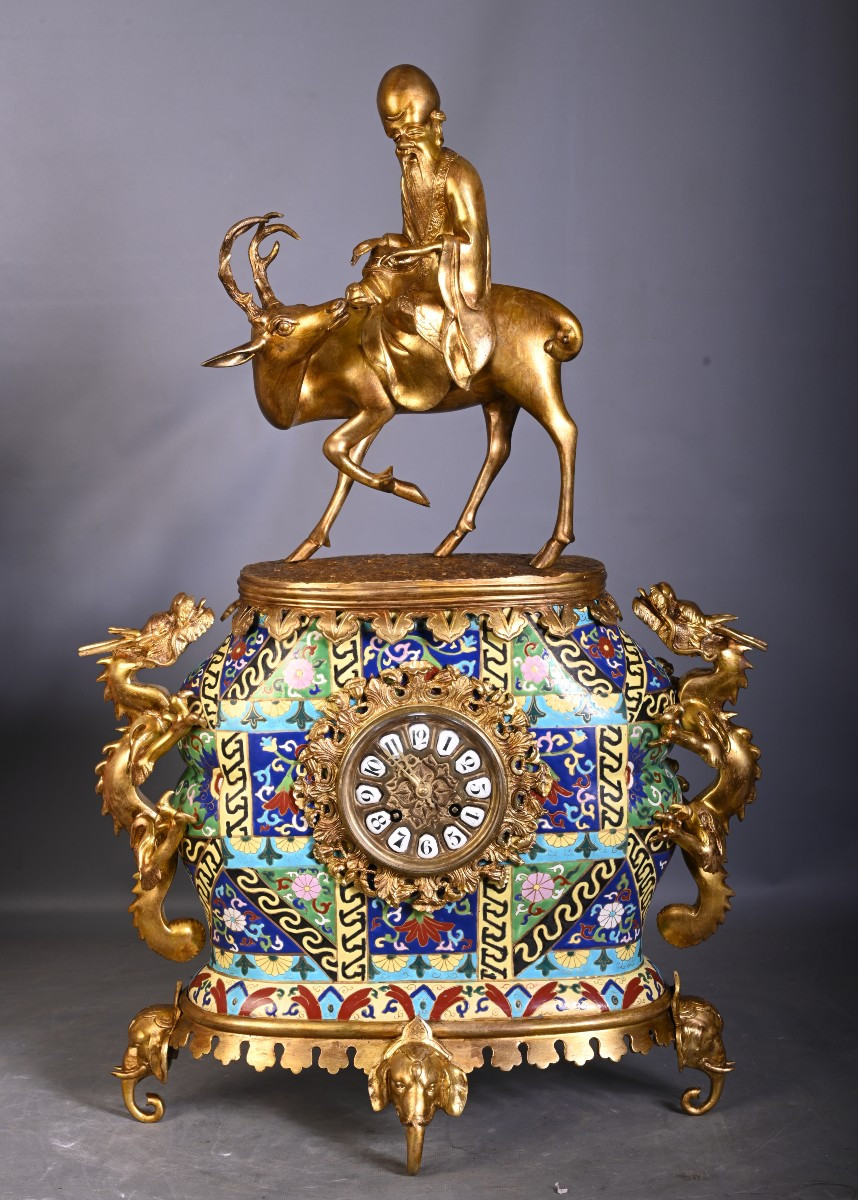 The Crystal Staircase (attributed To), A Japanese-style Clock In Cloisonné Enamel And Gilt Bronze