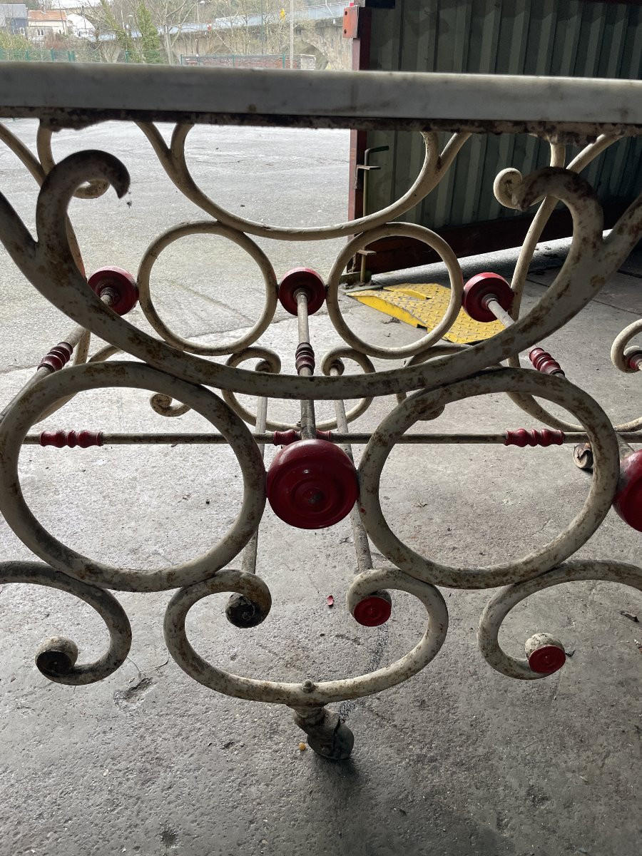 Antique Art Nouveau Butcher's Block, Wrought Iron And Marble-photo-3