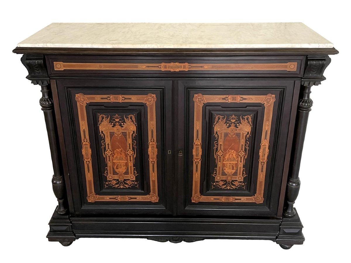 Napoleon III Period Side Table In Blackened Pearwood And Light Wood Marquetry-photo-3