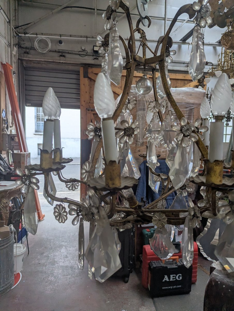 Louis XV-style Gilded Wrought-iron And Crystal Pendants Cage Chandelier-photo-2