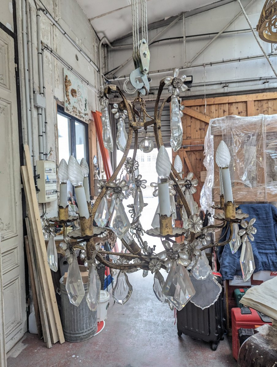 Louis XV-style Gilded Wrought-iron And Crystal Pendants Cage Chandelier-photo-3