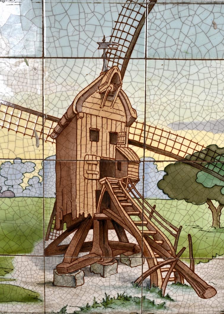 Earthenware Tile Wall Panel Decorated With A Pivot Mill In A Village Landscape-photo-2