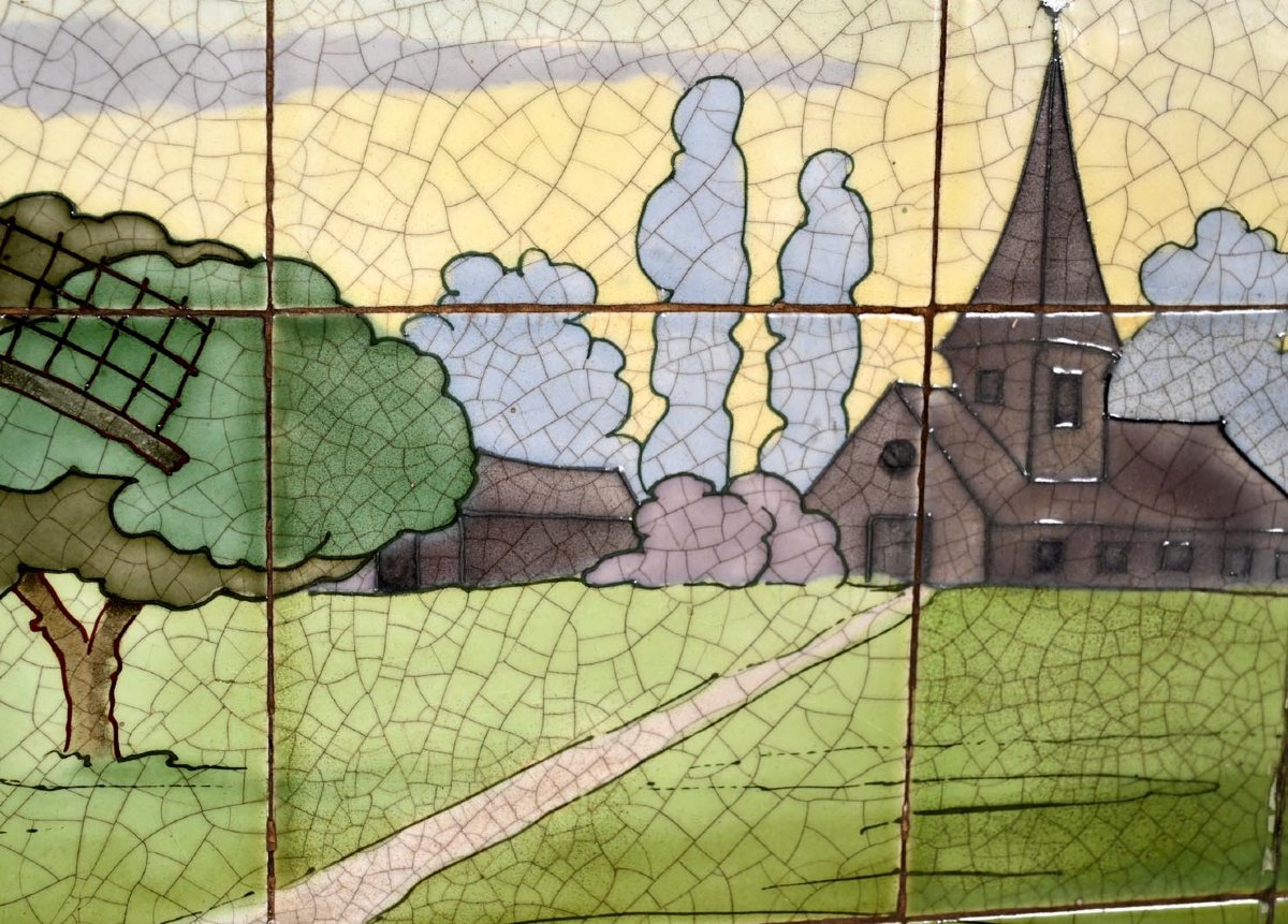 Earthenware Tile Wall Panel Decorated With A Pivot Mill In A Village Landscape-photo-2