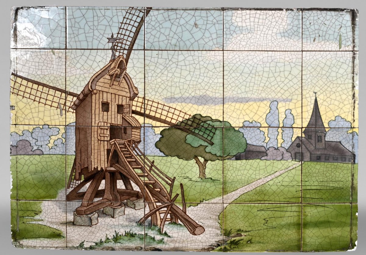 Earthenware Tile Wall Panel Decorated With A Pivot Mill In A Village Landscape