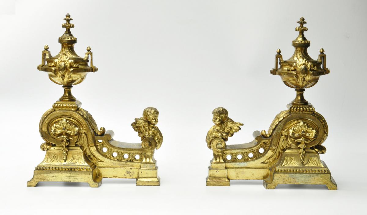 Pair Of Chenet In Gilded Bronze With Putti