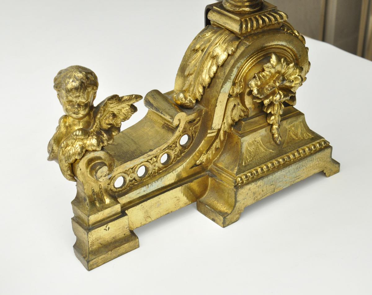 Pair Of Chenet In Gilded Bronze With Putti-photo-4