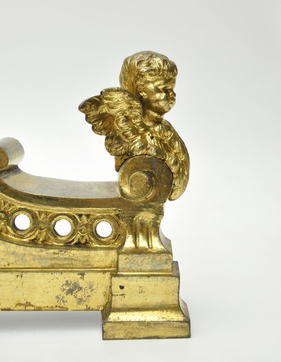 Pair Of Chenet In Gilded Bronze With Putti-photo-2