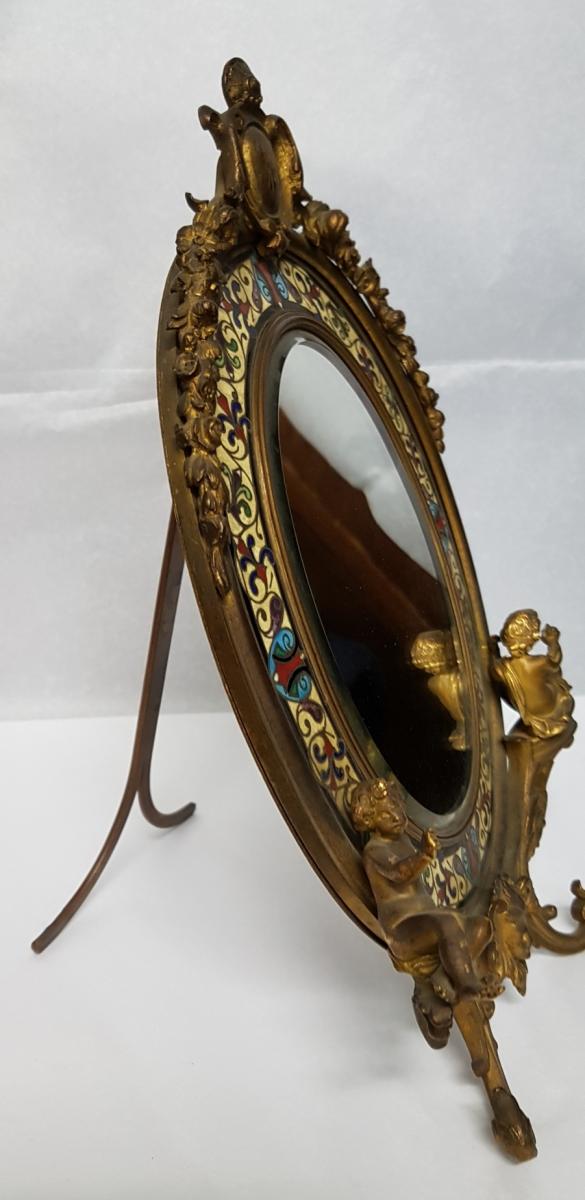 Miroir De Toilette Ovale En Bronze Doré à Décor d'émaux Cloisonnés-photo-2