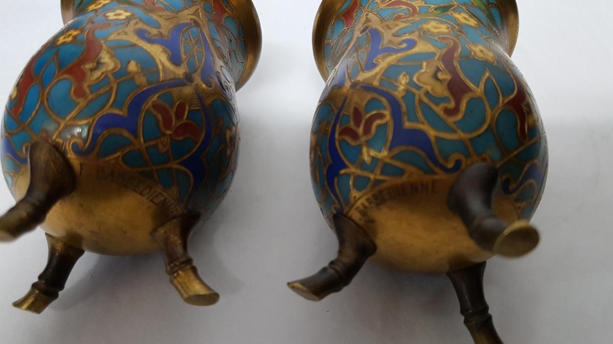 Pair Of Bronze Vases And Enamels Cloisonné F. Barbedienne-photo-4
