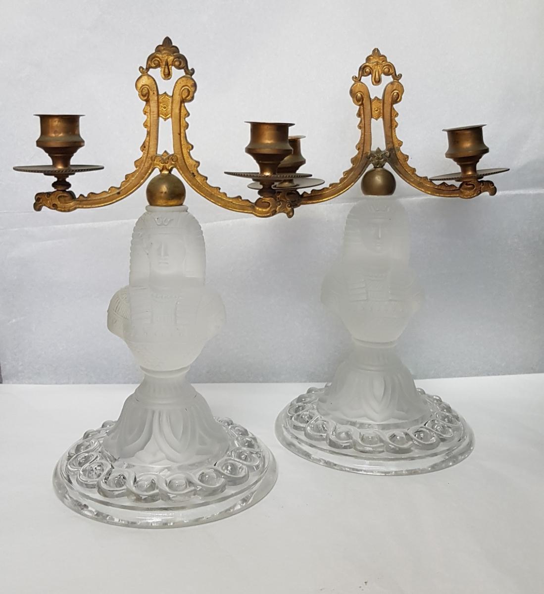 Pair Of Egyptian Bust In Pressed Glass Forming Candelabra