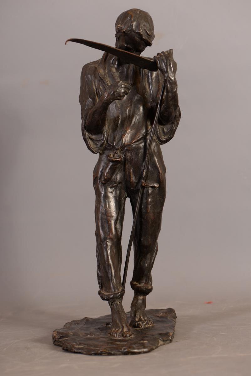 Alfredo Pina, Peasant Sharpening His Scythe, Bronze With Brown Patina