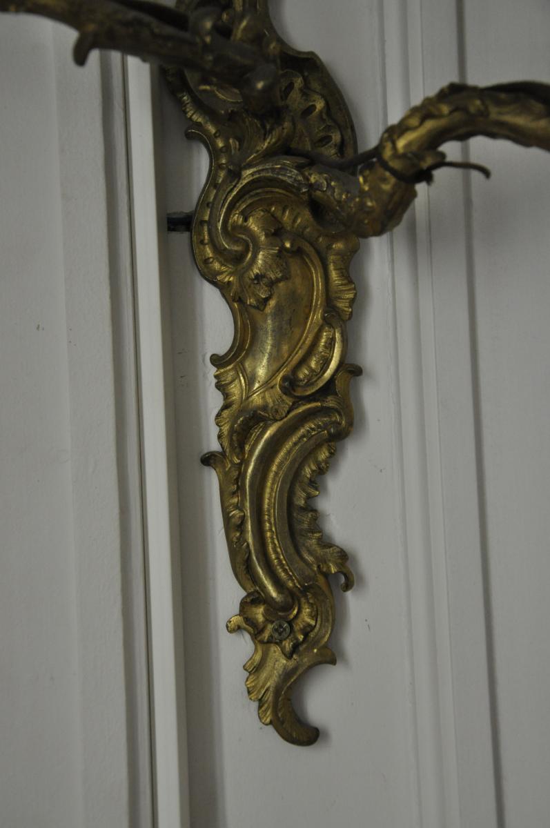 Pair Of Louis XV Sconces In Bronze Chiseled And Gilded-photo-3