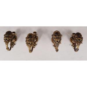 4 Embrasses à Rideaux à Masques De Satyres, Bronze Doré, 19e