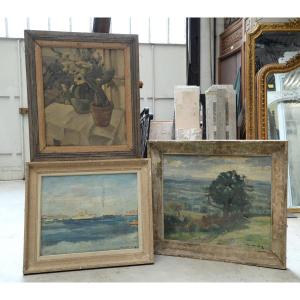 Paul Vuilleumier - Three Oils On Wood, Landscapes And Still Life, 20th Century
