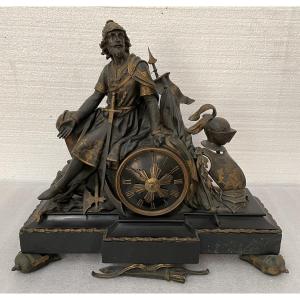 Bronze And Marble Clock, Depicting A Knight In Armor, After Jean-françois Gechter