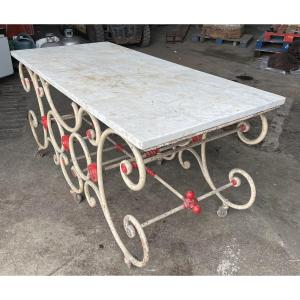 Antique Art Nouveau Butcher's Block, Wrought Iron And Marble