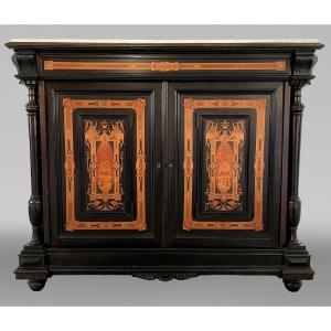 Napoleon III Period Side Table In Blackened Pearwood And Light Wood Marquetry