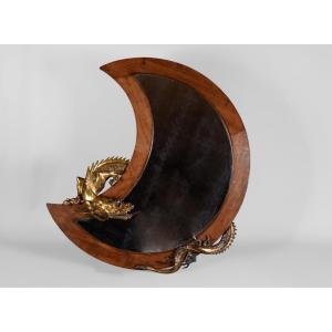 Gabriel Viardot (att. To) - Rare Japanese-style Mirror In The Shape Of A Crescent Moon With A Bronze Dragon