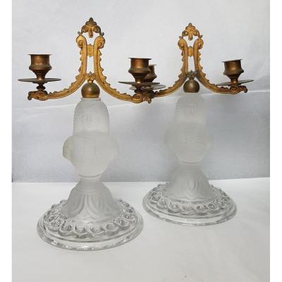 Pair Of Egyptian Bust In Pressed Glass Forming Candelabra