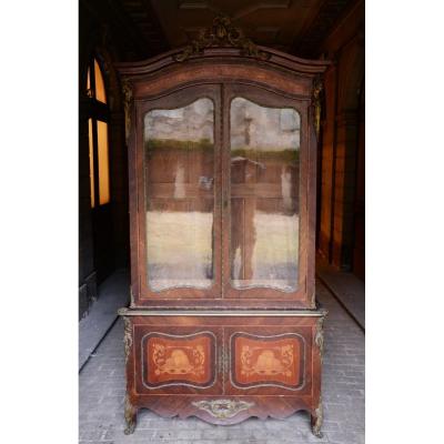 Large Louis XV Style Showcase Marquetry And Bronzes